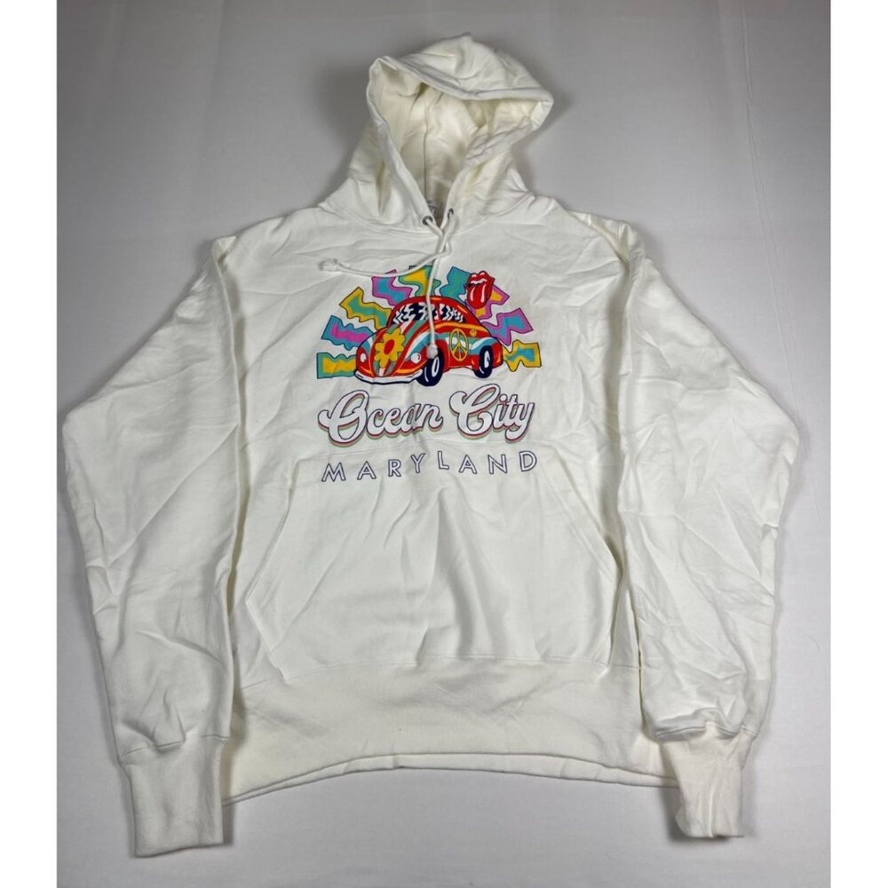 Champion Reverse Weave Men L White Ocean City Maryland Graphic Hoodie Retro